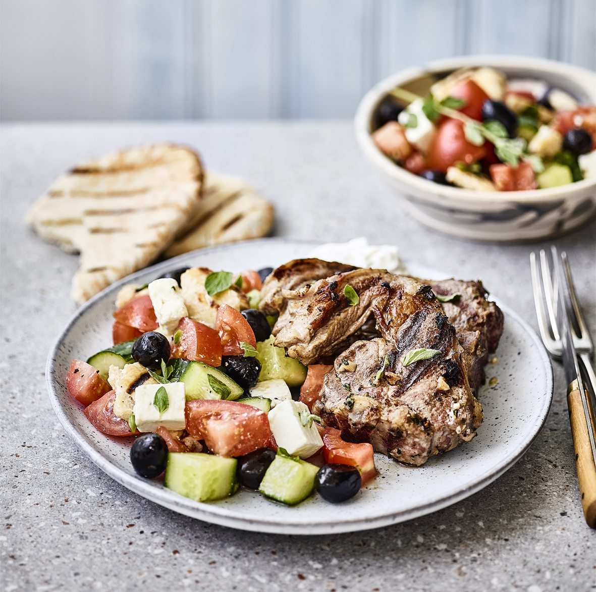 Greek Feta & Olive Salad with Lamb Chops